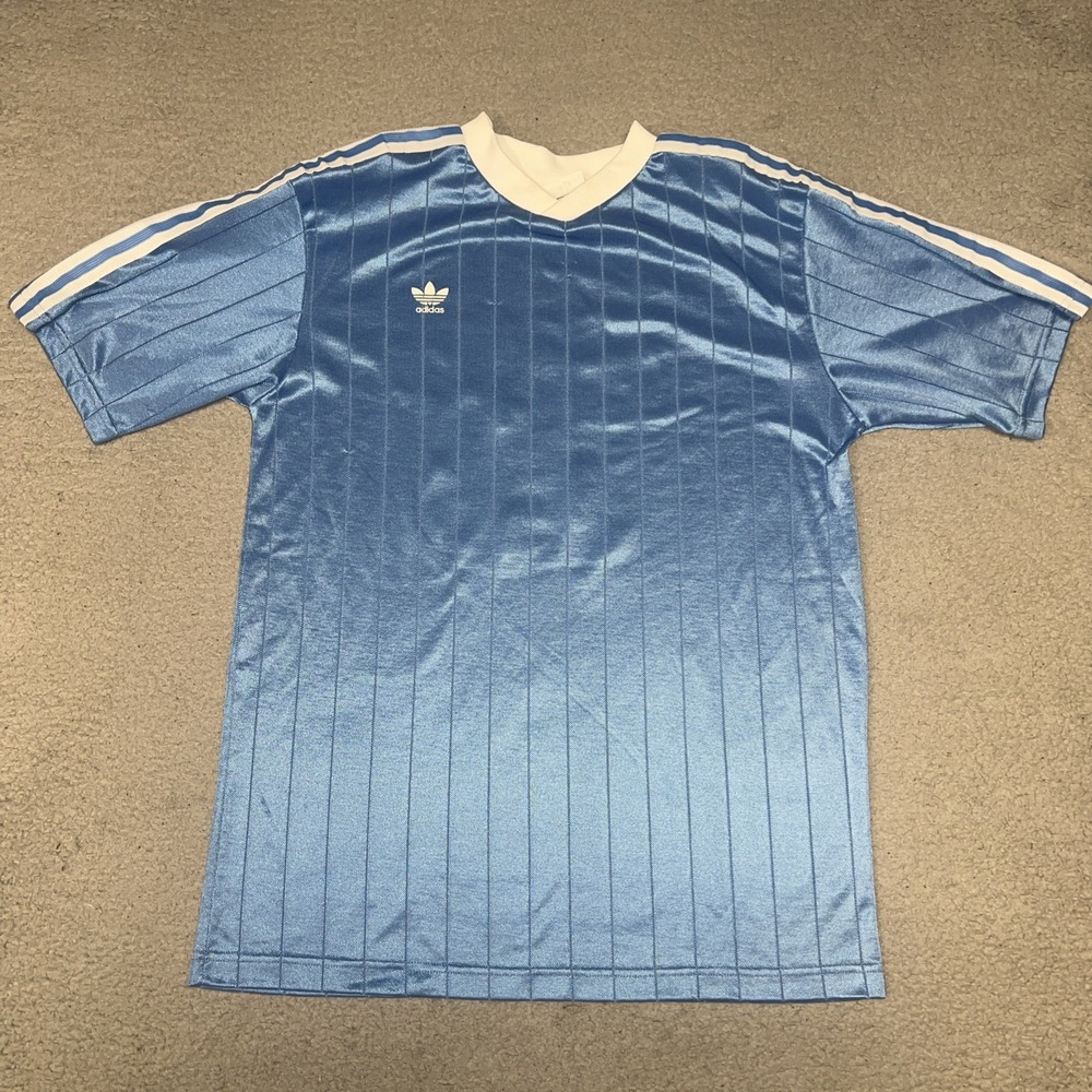 VTG adidas Soccer Jersey Men's Sz S Blue #15 Pinstripe Trefoil Logo Made USA 80s